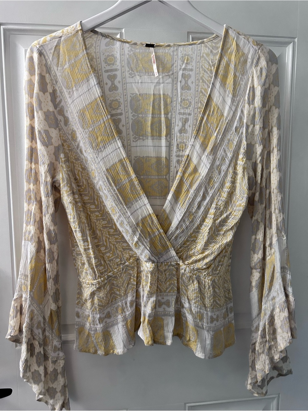 Free People Yellow and White Printed Wrap Top